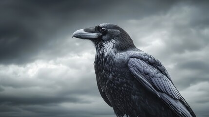 Fototapeta premium Majestic Black Raven Perched Against Dark Stormy Sky Background