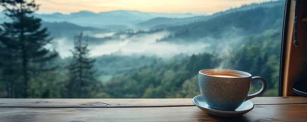 Steaming cup of tea resting on a rustic wooden table, inside a van, surrounded by a misty outdoor landscape, warm and inviting morning scene