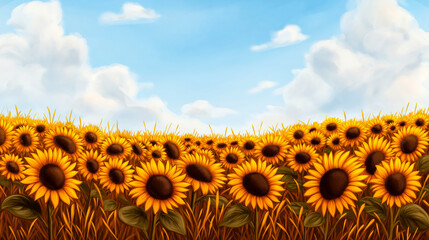 Obraz premium A rustic digital illustration of a sunflower field under a bright blue sky with fluffy clouds, evoking warmth, joy, and summer vibes