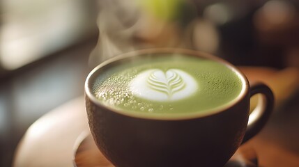 Close Up Steaming Matcha Latte Art Heart Shaped Foam in Brown Cup on Wooden Coaster