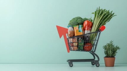 Fresh Groceries in Shopping Cart on Light Green Background