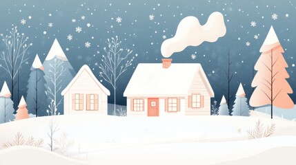 Charming Winter Scene with Cozy Houses Surrounded by Snow-Covered Trees and Falling Snowflakes in a Serene Landscape.