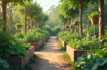 Picturesque permaculture garden with herbs, flowers, vegetables in wooden beds. Calm morning in orchard. Eco friendly agriculture. Healthy lifestyle, homegrown food. Sustainable gardening with