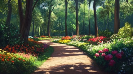 Fototapeta premium Serene Forest Path: A Colorful Journey Through Blooming Flowers