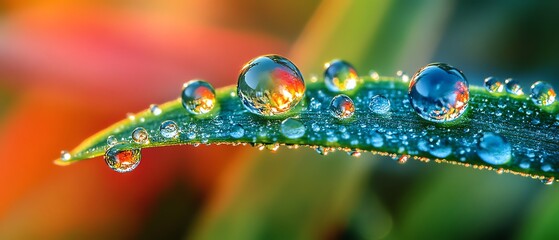 Closeup of dewdrops on grass blades, reflecting a miniature world within each drop, magnified beauty of natures intricate details