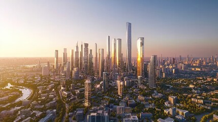 Naklejka premium Melbourne Skyline Sunrise: A Breathtaking Aerial View of Modern Architecture and Urban Development
