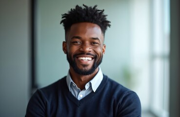 Smiling black guy poses for photo, looks at camera. Indoor portrait of confident african american businessman. Male entrepreneur, manager, office worker, employee, company member. Business portrait.