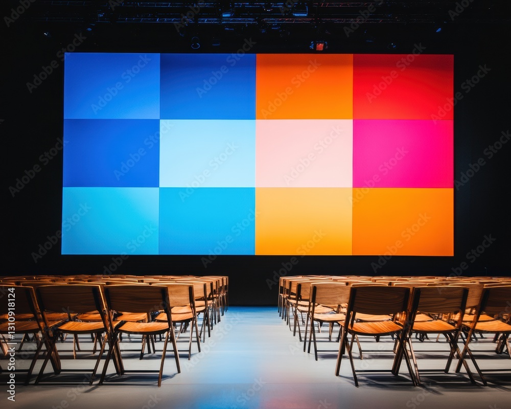 Aufkleber immersive digital design summit vibrant color-block presentation space with minimalist wood seating 