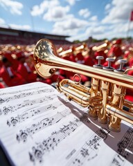 Obraz premium Nostalgic Soundscape Golden Trumpet Meets Retro Marching Band Aesthetic - Capturing Collegiate Performance Energy and Musical Heritage