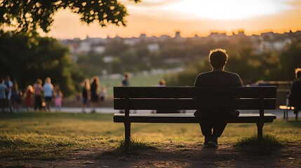 A man sits on a park bench, looking out at the city skyline