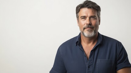 Fototapeta premium Confident Middle-Aged Man with Beard in Casual Blue Shirt Against Neutral Background