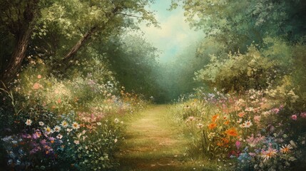 Obraz premium Enchanted Forest Path: A Serene Journey Through Blooming Meadows