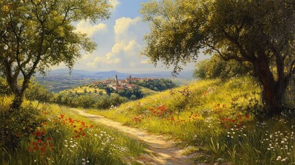 Serene Tuscan Countryside: A Picturesque Path to a Hilltop Village