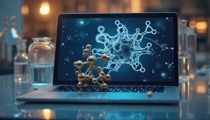 Laptop displaying molecular research in lab. Screen shows virus cell visualization, golden atom model, flask. Concept for data analysis, genome sequencing, science, tech, biotech research, medical