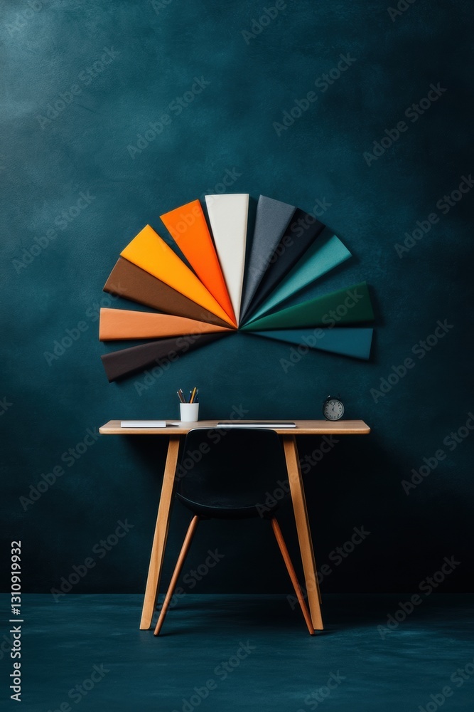 Poster modern workspace chromatic design minimalist desk with radial color palette showcasing innovative di