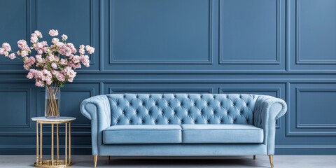 Modern living room concepts, Elegant blue sofa against a dark blue wall, complemented by a floral arrangement in a glass vase.
