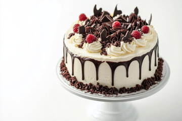 A decorated birthday cake on cakestand on white background