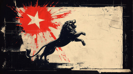 bold lion design with red star background symbolizes strength and courage