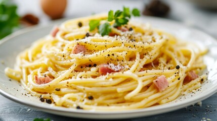 Delight in a comforting plate of Pasta alla Carbonara, perfectly twirled and topped with crispy pancetta, creamy sauce, and a sprinkle of black pepper, served in a cozy dining atmosphere