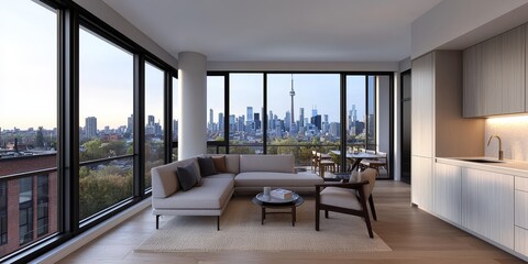 Fototapeta premium Modern living room concepts, Modern apartment interior with skyline view through large windows.