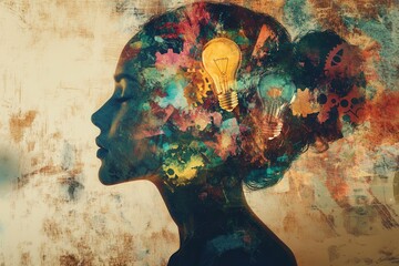 Creative thinking depicted through a silhouette filled with artistic symbols like lightbulbs and paint splashes for imaginative inspiration