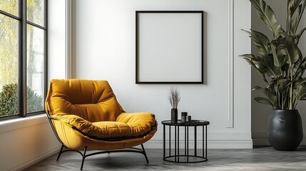 An empty black poster frame on the wall of the living room, white walls with a side window, a large yellow velvet armchair and a coffee table,