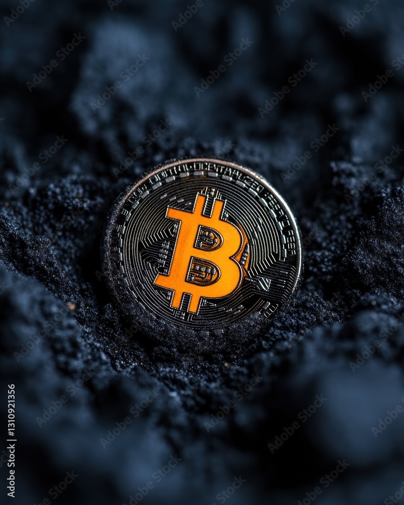 Fototapete decentralized digital frontier vibrant bitcoin symbol emerging from dark technological landscape - i