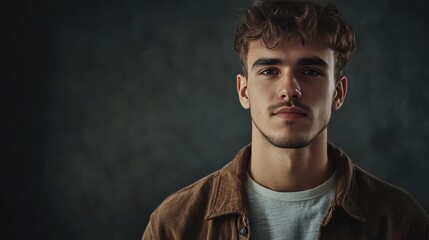 Obraz premium Portrait of a Young Man with Stylish Hair and Casual Attire Against a Dark Background