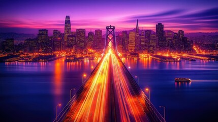 Fototapeta premium a city bridge leading to a skyline lit by a sea of vibrant lights. The sharp foreground captures streaks of headlights and taillights, while blurred boats pass beneath the bridge,