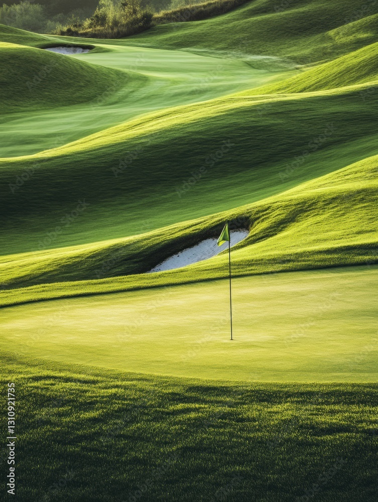 Aufkleber serene golf course with rolling hills and a flag marking the hole under a clear sky generative ai