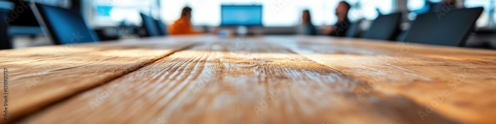 Poster Hybrid Workspace Dynamics Textured Wood Grain Conference Table with Blurred Collaborative Tech Environment - Modern Professional Engagement and Adaptive Workplace Innovation