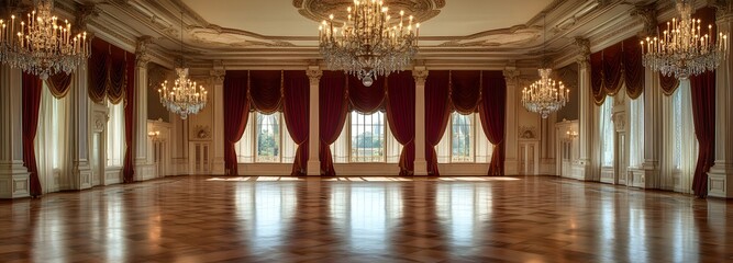 A grand Victorian ballroom with polished marble floors, elegant crystal chandeliers, and deep red velvet curtains on an isolate background