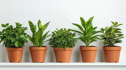 Fototapeta premium Indoor Green Plants in Terracotta Pots on White Shelf
