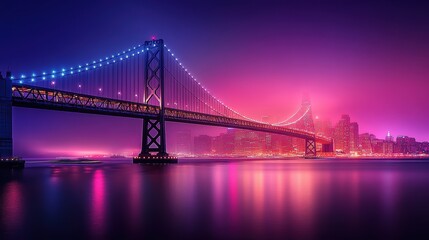 Fototapeta premium a city bridge leading to a skyline lit by a sea of vibrant lights. The sharp foreground captures streaks of headlights and taillights, while blurred boats pass beneath the bridge,