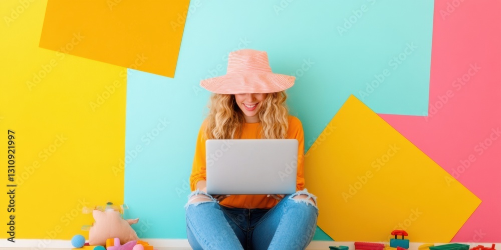 Poster pastel pop work-life fusion gen z creator in playful home office with color block backdrop - digital