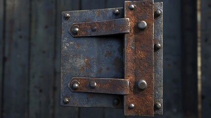 Fototapeta premium A close-up of a rusty metal hinge mounted on a wooden surface.