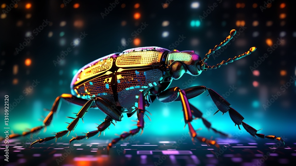 Poster A digital bug moving across a grid of binary code, symbolizing software testing, glitchy atmosphere, vivid neon colors, high-tech digital composition