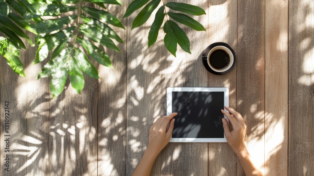 Poster Biophilic Digital Workspace Minimalist Productivity Meets Nature-Inspired Design - Wellness-Focused Remote Work and Data Analytics in Soft Natural Light