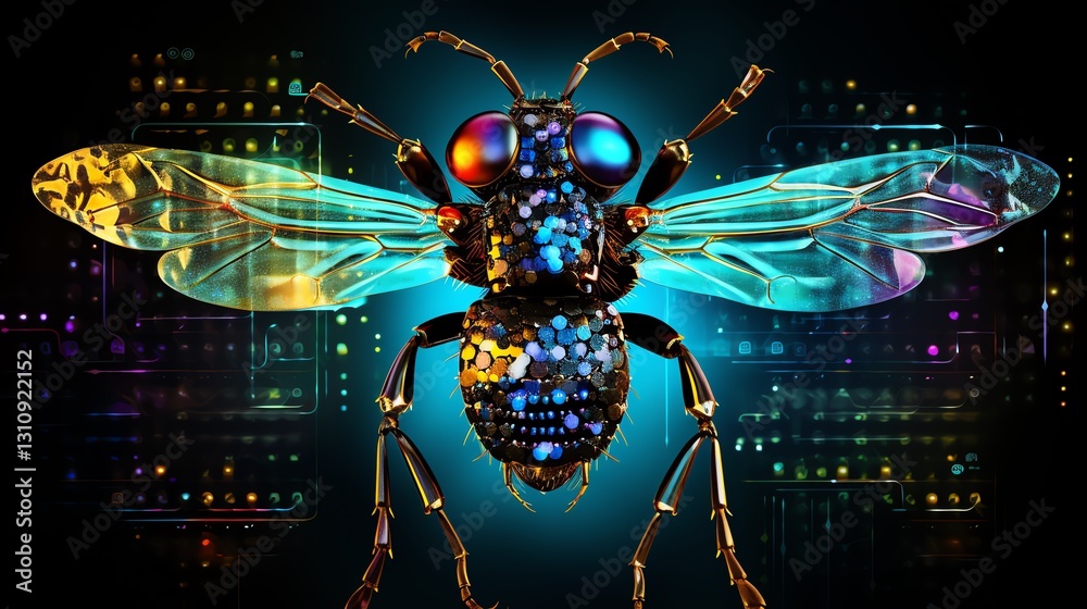 Poster A digital bug moving across a grid of binary code, symbolizing software testing, glitchy atmosphere, vivid neon colors, high-tech digital composition