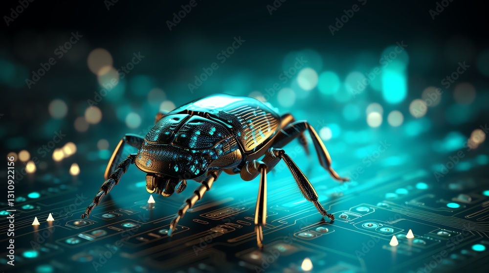 Poster A digital bug moving through rows of binary code, representing software testing, glitchy background, ultra-sharp focus, cyberpunk style