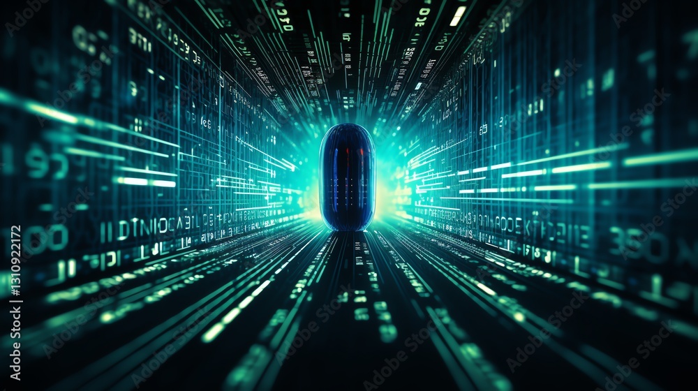 Poster A digital bug moving through rows of binary code, representing software testing, glitchy background, ultra-sharp focus, cyberpunk style