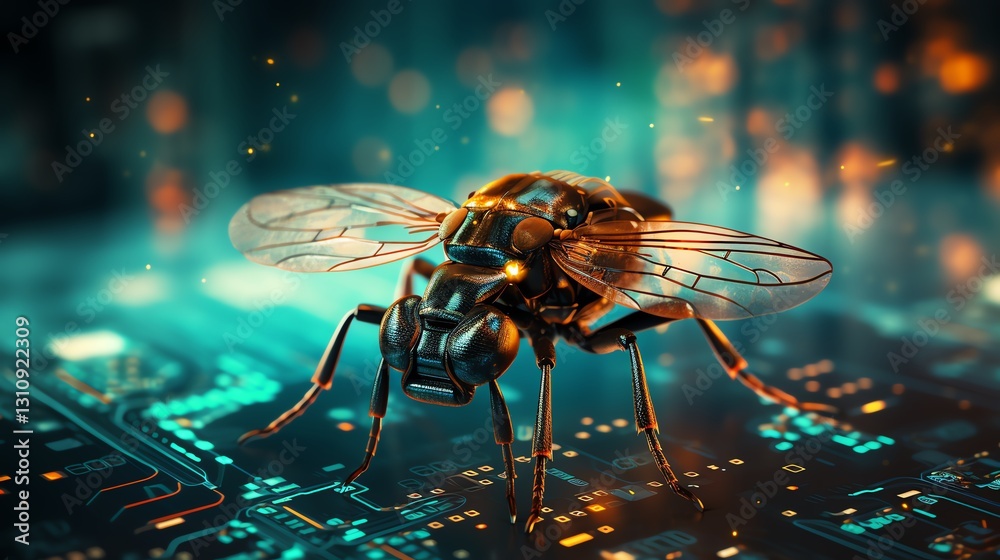 Poster A digital insect on a background of flowing binary code, symbolizing the process of software testing, vibrant neon colors, hyper-realistic, futuristic tech aesthetic