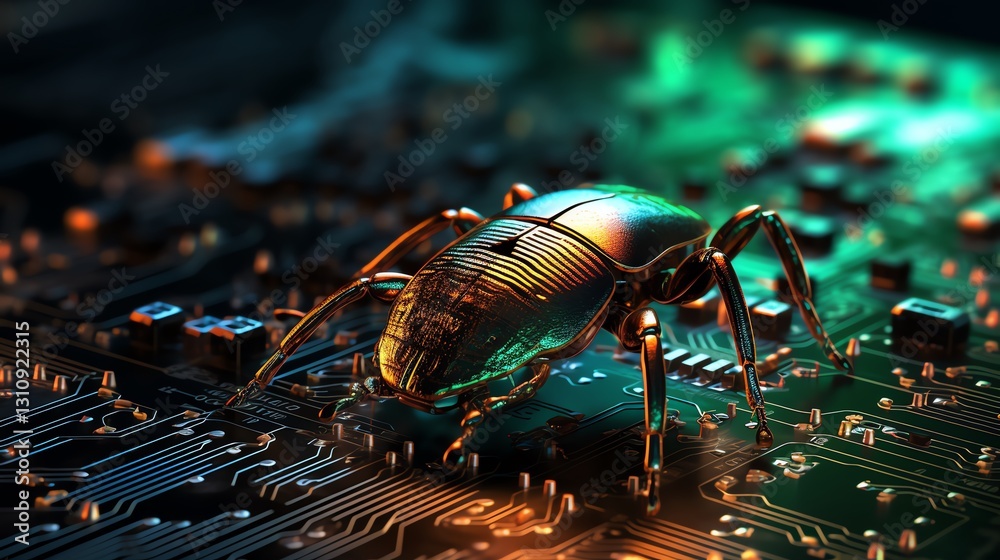 Poster A software bug amidst flowing binary code, illustrating debugging process, high-tech digital background, neon glowing characters, ultra-realistic textures