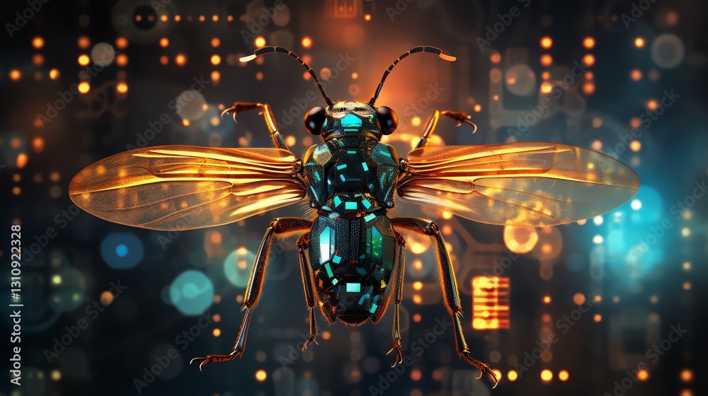 Poster A digital insect on a background of flowing binary code, symbolizing the process of software testing, vibrant neon colors, hyper-realistic, futuristic tech aesthetic