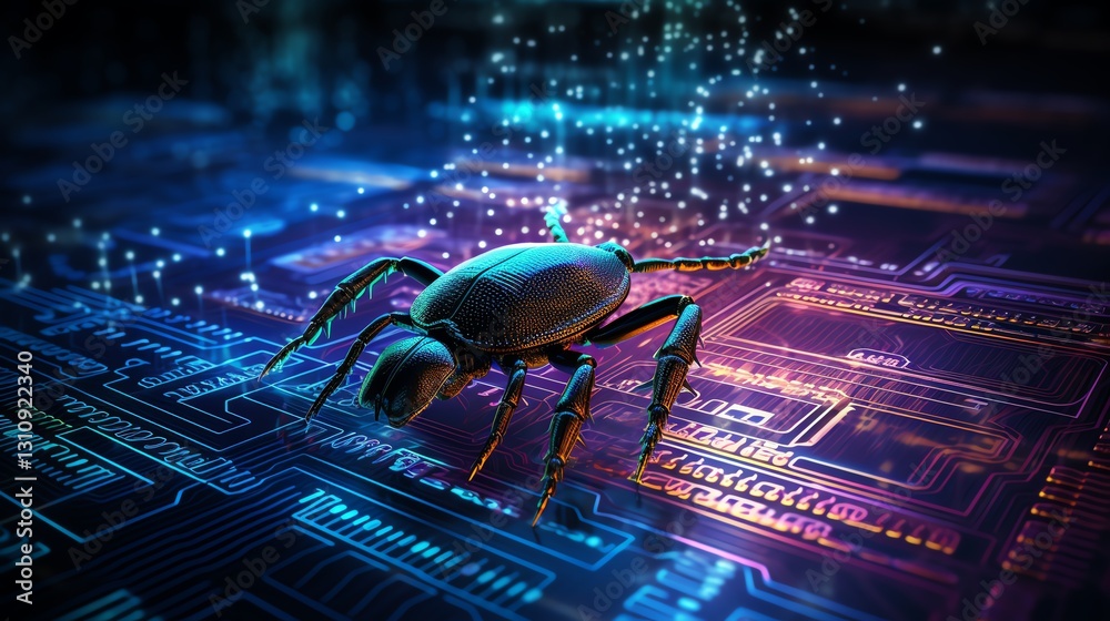 Poster A software bug amidst flowing binary code, illustrating debugging process, high-tech digital background, neon glowing characters, ultra-realistic textures