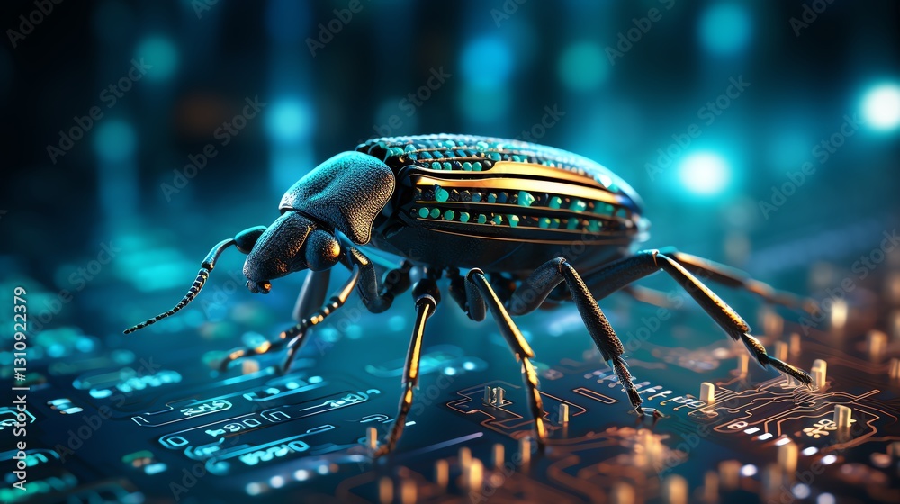 Aufkleber Close-up of a bug on a binary code background, symbolizing the challenges of software debugging and testing, high-resolution, glitchy digital patterns, cinematic lighting