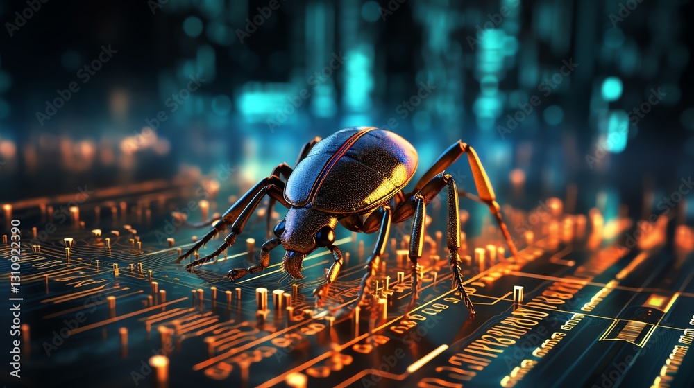Poster A software bug amidst flowing binary code, illustrating debugging process, high-tech digital background, neon glowing characters, ultra-realistic textures