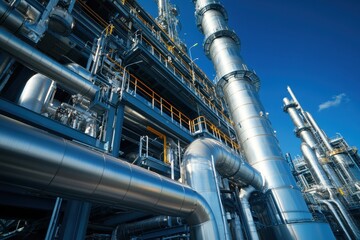Massive industrial refinery pipes and towers. Illustrates large-scale energy production and processing.