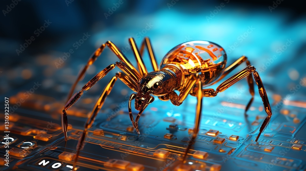 Poster Close-up of a bug on a stream of binary code, representing software debugging, glowing numbers, high-tech interface, macro shot, sharp details