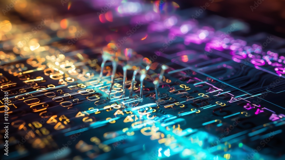 Poster Close-up of a bug on a stream of binary code, representing software debugging, glowing numbers, high-tech interface, macro shot, sharp details